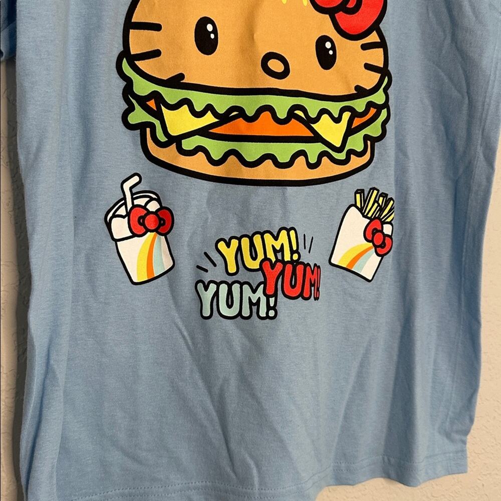 NEW Hello Kitty Burger Blue Graphic T-Shirt Sanrio Yum Size XS Oversized - Picture 3 of 8